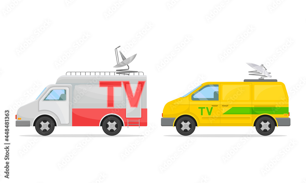 Broadcasting Cars with Satellite Dish on the Roof Vector Set Broadcasting Cars with Satellite Dish on the Roof Vector Set