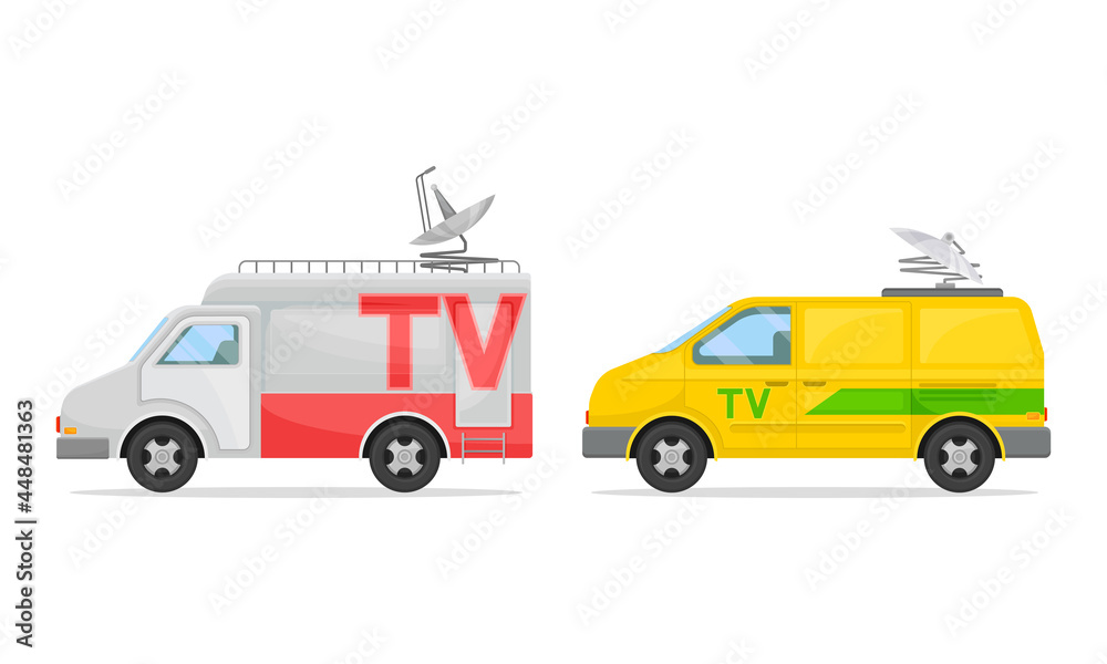 Broadcasting Cars with Satellite Dish on the Roof Vector Set