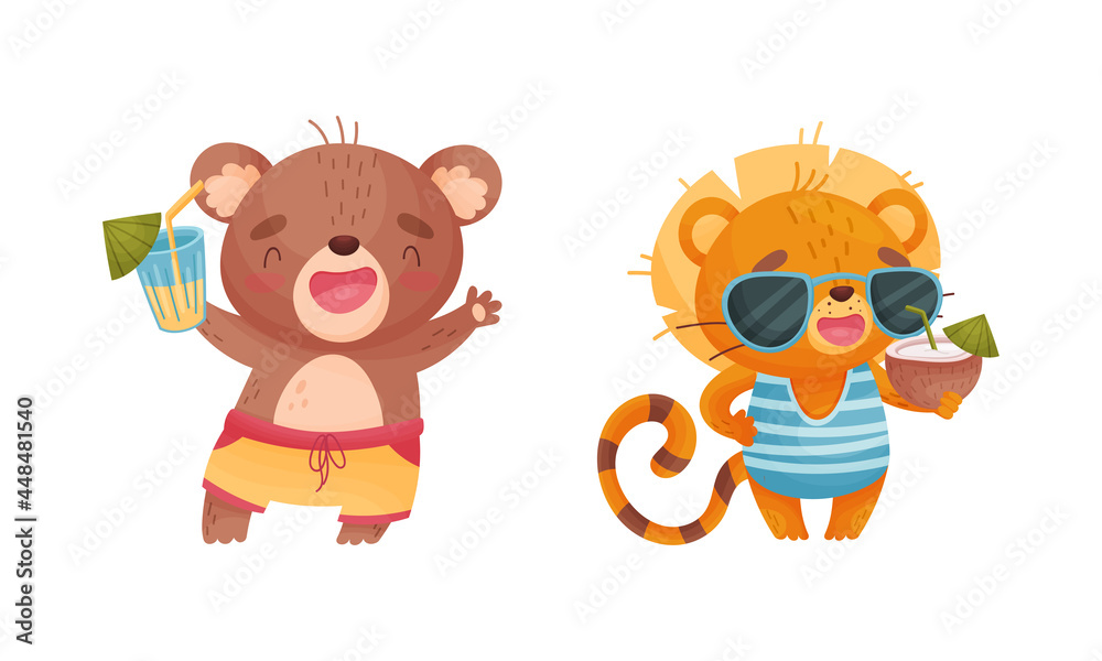 Cartoon Animal in Swimsuit and Sunglasses Drinking Cocktail Vector Set