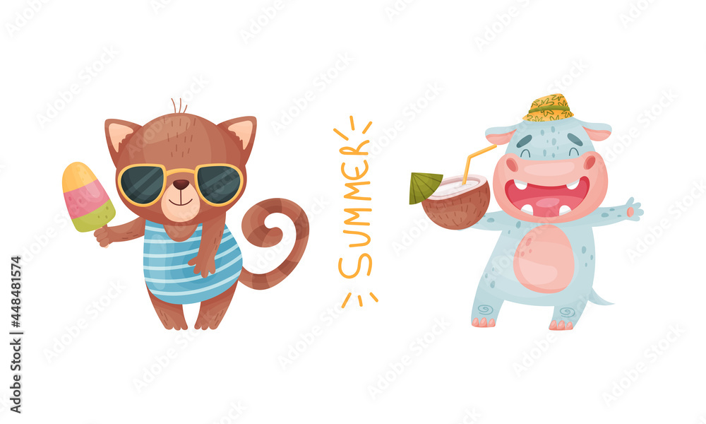 Cartoon Animals Drinking Cocktail and Eating Ice Cream Vector Set