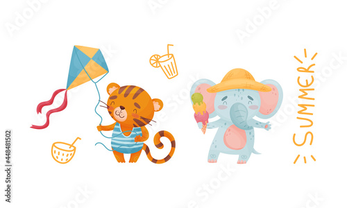 Cartoon Animals Eating Ice Cream and Flying Toy Kite Vector Set