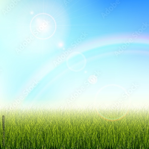 Background for a presentation on ecology. Grass with the glare of the sun. Abstract vector illustration of grass on a blue background with a rainbow and sun glare.