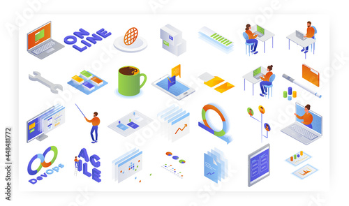 Isometric Devops icon set, vector isolated illustration. Agile software development online courses, training concept.