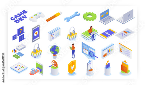 Isometric mobile and computer gaming icon set, vector isolated illustration. Video game development concept.