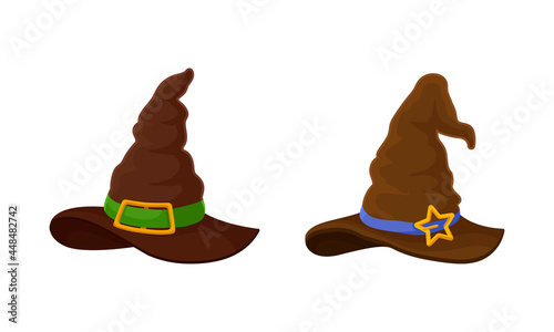 Witch Pointed Hat with Buckle and Wide Brim Vector Set