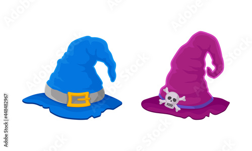 Witch Pointed Hat with Buckle and Wide Brim Vector Set