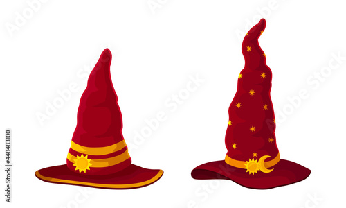 Witch Pointed Hat with Buckle and Wide Brim Vector Set