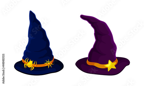 Witch Pointed Hat with Buckle and Wide Brim Vector Set
