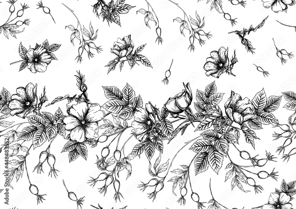 Rose hips with flowers and berries seamless pattern. Graphic drawing, engraving style. Vector illustration in black color on white background