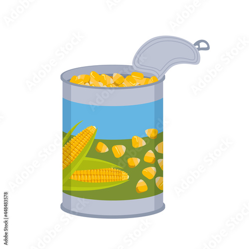 Tin can with corn kernels. tin packaging with a pattern of yellow vegetables. Vitamin source, cooking ingredient