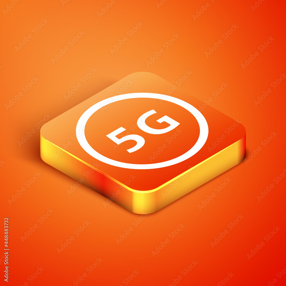 Isometric 5G new wireless internet wifi connection icon isolated on orange background. Global network high speed connection data rate technology. Vector Isometric 5G new wireless internet wifi connection icon isolated on orange background. Global network high speed connection data rate technology. Vector