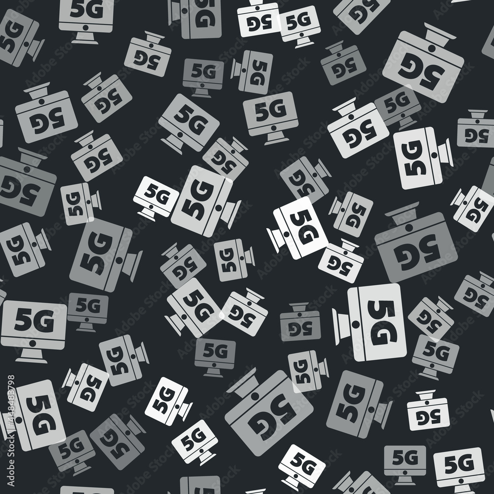 Grey Monitor with 5G new wireless internet wifi icon isolated seamless pattern on black background. Global network high speed connection data rate technology. Vector