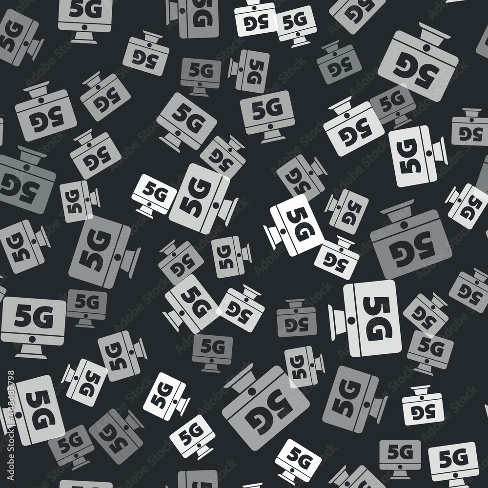Grey Monitor with 5G new wireless internet wifi icon isolated seamless pattern on black background. Global network high speed connection data rate technology. Vector Grey Monitor with 5G new wireless internet wifi icon isolated seamless pattern on black background. Global network high speed connection data rate technology. Vector