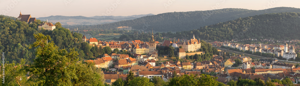 Panorama of Sighisoara old town in summer, Transylvania, Romania