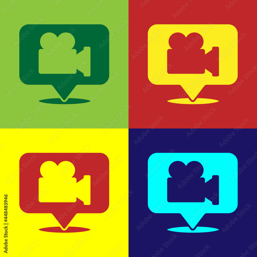 Pop art Camera and location pin icon isolated on color background. Vector Pop art Camera and location pin icon isolated on color background. Vector