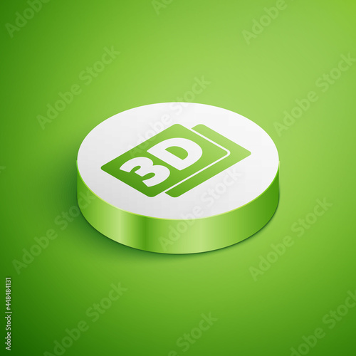 Isometric 3D word icon isolated on green background. White circle button. Vector