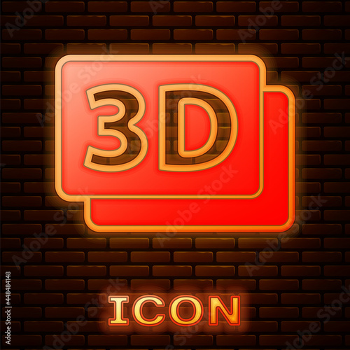 Glowing neon 3D word icon isolated on brick wall background. Vector