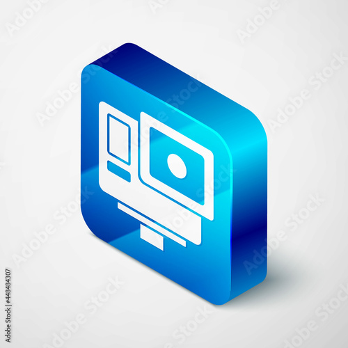 Isometric Action extreme camera icon isolated on grey background. Video camera equipment for filming extreme sports. Blue square button. Vector