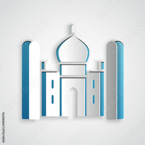 Paper cut Taj Mahal mausoleum in Agra, Indiaicon isolated on grey background. Paper art style. Vector photo