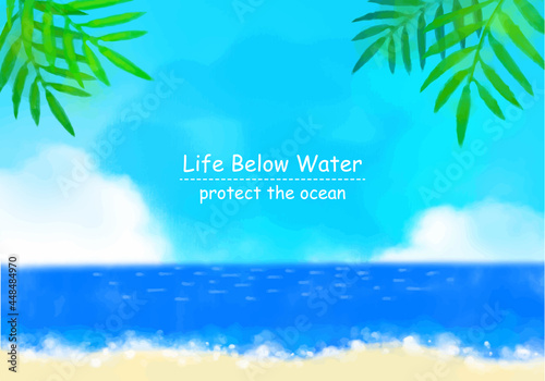 エコイメージの海とヤシの木と砂浜の水彩イラスト