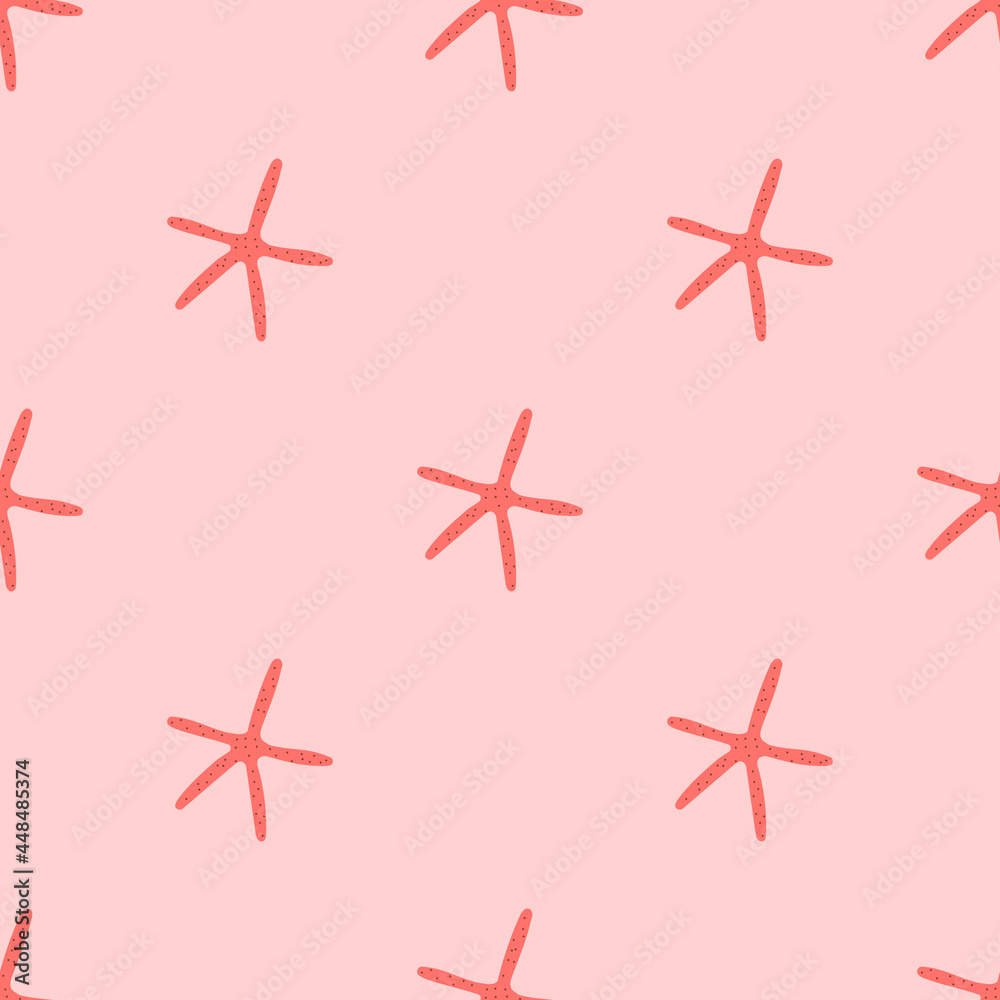 Hand drawn illustration of funny cute pink starfish seamless pattern on coral background. Nautical, sea theme for backgrounds, backdrops, fabrics and wrapping paper. Hand drawn illustration of funny cute pink starfish seamless pattern on coral background. Nautical, sea theme for backgrounds, backdrops, fabrics and wrapping paper.