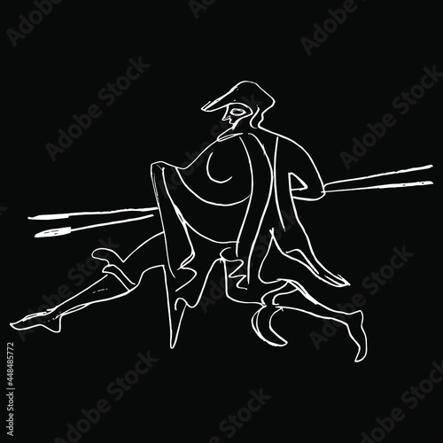 Running ancient Greek man carrying two spears. Hand drawn linear doodle rough sketch. White silhouette on black background.