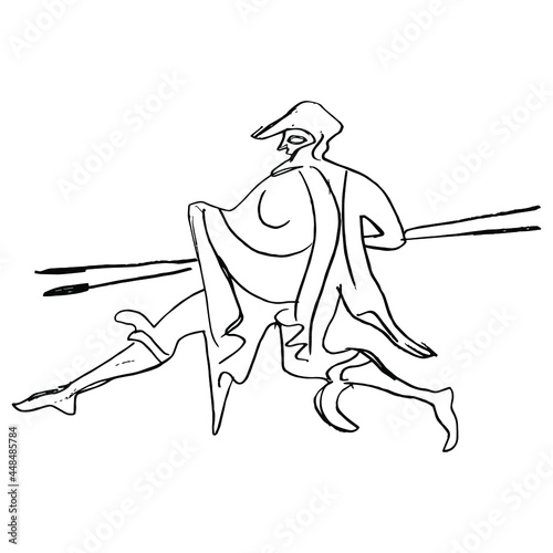 Running ancient Greek man carrying two spears. Hand drawn linear doodle rough sketch. Black silhouette on white background.