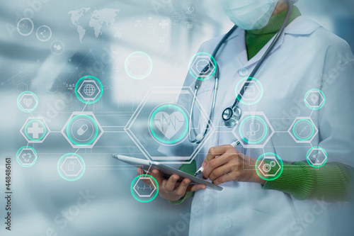 Medicine doctor using digital healthcare and network connection on hologram modern virtual screen interface icons, Medical technology futuristic concept. 