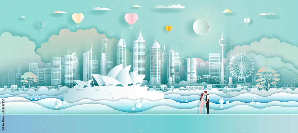 Obraz na plátně Travel opera house in Australia landmarks with love balloons and couple