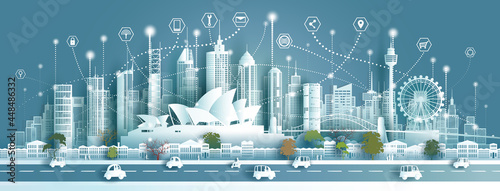 Technology wireless network communication smart city with architecture landmarks Australia.