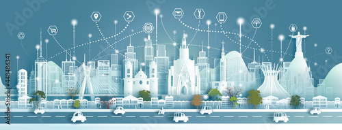 Technology wireless network communication smart city with architecture landmarks Brazil.