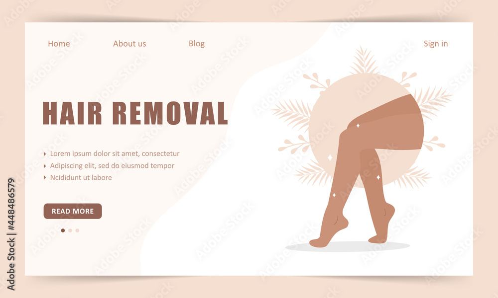 Hair removal. Landing page template. Laser and wax epilation. Morning routine. Perfect smooth female legs. Skin care concept. Vector illustration in flat cartoon style. Hair removal. Landing page template. Laser and wax epilation. Morning routine. Perfect smooth female legs. Skin care concept. Vector illustration in flat cartoon style.