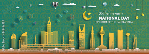 Anniversary celebration nation day Saudi arabia with arab pattern background.