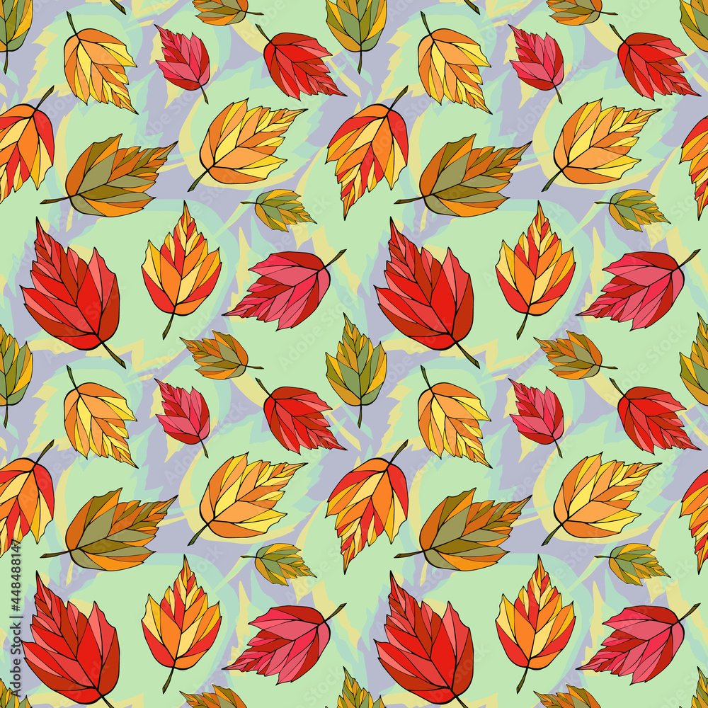 Falling autumn leaves seamless pattern. Colored foliage boundless background. Bright fall endless texture. Red, yellow, orange, green, brown, leaves repeating surface design. Colorful autumn backdrop. Falling autumn leaves seamless pattern. Colored foliage boundless background. Bright fall endless texture. Red, yellow, orange, green, brown, leaves repeating surface design. Colorful autumn backdrop.