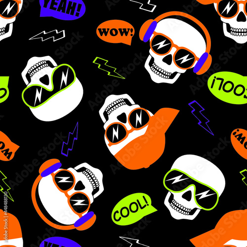 Funny and cool cartoon skeleton head  lisent music. Halloween seamless pattern. Vector illustration.