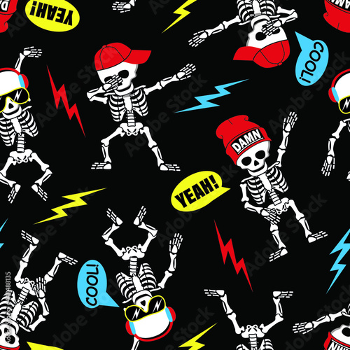 Funny cartoon skeleton make DAB move, dancing hip hop style in hats, sunglasses and headphones. Seamless pattern. Vector illustration.