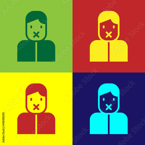 Pop art Censor and freedom of speech concept icon isolated on color background. Media prisoner and human rights concept. Tied mouth. Vector