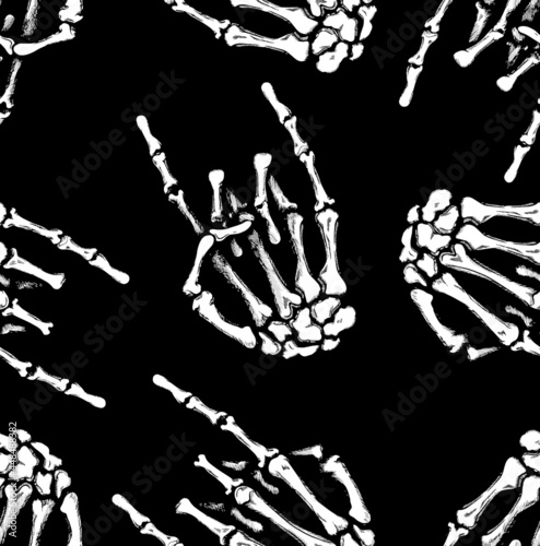Skeleton of a human hand making rock sign seamless pattern on black background