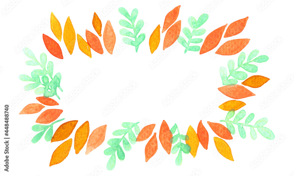 Fototapeta premium Fern and fall leaves frame watercolor for decoration on autumn season, natural theme, wedding and Thanksgiving festival.