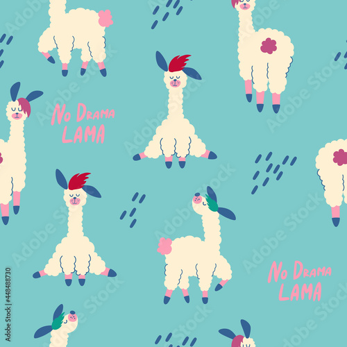 Seamless pattern with llamas. Nursery Creative children texture. Cartoon Llama Alpaca. No drama lama. Great for fabric, textile. Vector illustration