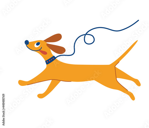 Cheerful dog is running. Cute dog on a leash. Cartoon pet. Best friend. Flat character vector illustration in flat style isolated on white background.