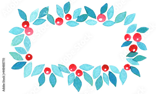 Green mint leaves and red berries wreath watercolor for decoration on Christmas holiday festival.