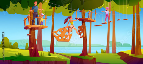 Kids in adventure park rope ladder
