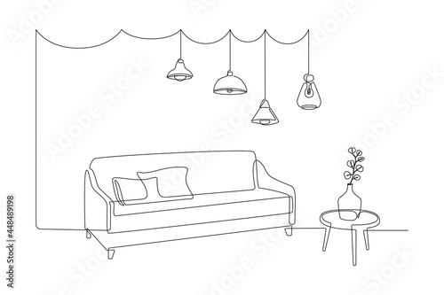 Continuous one line drawing of sofa and table with vase with monstera leaf and Hanging pendant Loft lamps. Scandinavian stylish furniture in simple Linear style. Doodle vector illustration