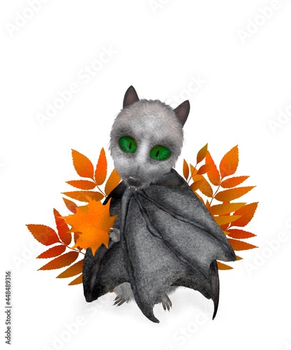 Cute fantasy bat. Autumn set. Leaves on the background. Leaf in hand. Halloween decoration. Isolated digital illustraion. Print quality.