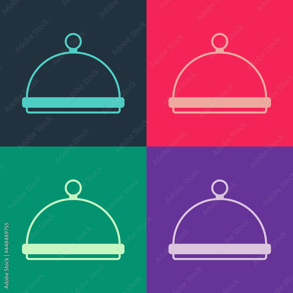 Obraz premium Pop art Covered with a tray of food icon isolated on color background. Tray and lid sign. Restaurant cloche with lid. Kitchenware symbol. Vector