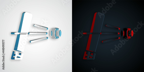 Paper cut Baseball bat with ball icon isolated on grey and black background. Paper art style. Vector