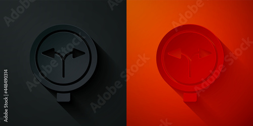 Paper cut Fork in the road icon isolated on black and red background. Paper art style. Vector