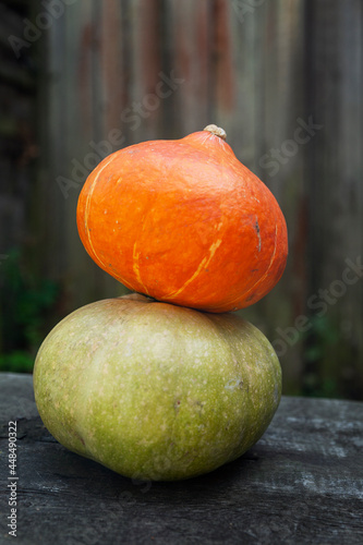 Two pumpkins, green and orange, stand on top of each other on a wooden table. New harvest. Healthy food and vitamins. Close-up. Vertical.