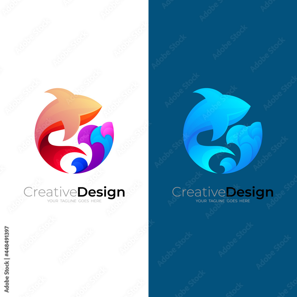 Fototapeta premium Fish logo and wave design combination, 3d colorful logo with circle